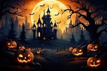 Halloween Background Concept. Halloween Pumpkins And Dark Castle On Blue Moon Background, Illustration. Halloween Fullmoon Banner, Witch, Haunted House, Pumpkins And Bats. Generative By AI.