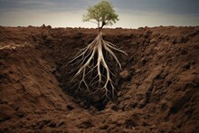 Tree Exposed In Soil Layers. Generative AI