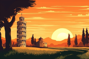 Beautiful scene landscape Leaning Tower of Pisa unItary Vector