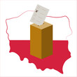 Wybory parlamentarne w Polsce. Urna wyborcza na tle polskiej flagi. Polish Parliamentary Elections.