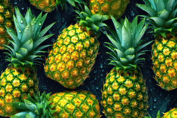 seamless background of many beautiful and shiny pineapple, top view.