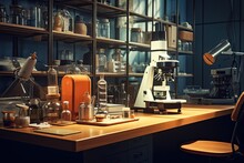 Laboratory Setting With Microscope In A Room, In The Style Of Vintage Cinematic Look