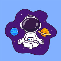 Wall Mural - cute astronaut meditation yoga in space with planet cartoon vector icon illustration. science techno