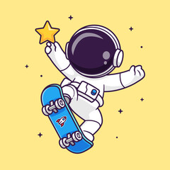 Wall Mural - cute astronaut playing skateboard with star cartoon vector icon illustration science sport icon conc