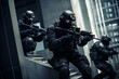 A tactical team, equipped with night-vision goggles and body armor, is in the process of breaching a fortified building to capture a high-value target