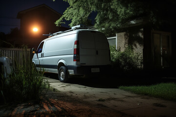 Sticker - A nondescript surveillance van is parked outside a residential building, housing hidden cameras and monitoring equipment for a sting operation targeting a suspect