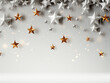 sfondo bianco con decorazioni natalizie bianche e oro, stelle , spazio per testo, biglietto di natale digitale