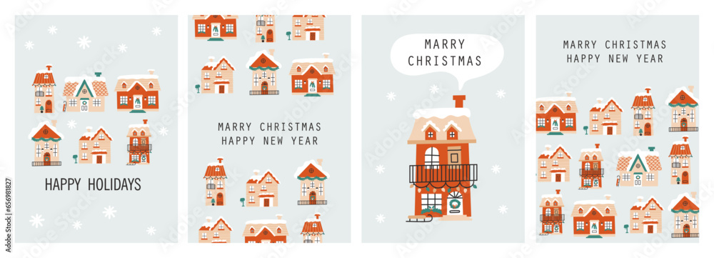 Christmas card set with winter houses. Vector illustrations Stock ...