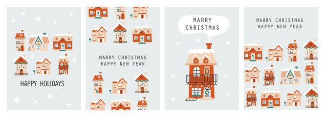 Wall Mural - christmas card set with winter houses. vector illustrations