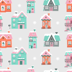 Wall Mural - christmas seamless pattern with winter houses. vector illustrations