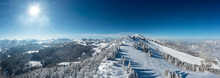 Austria, Salzburger Land, Saint Gilgen, Drone Panorama Of Snowcapped Zwolferhorn Mountain And Surrounding Landscape