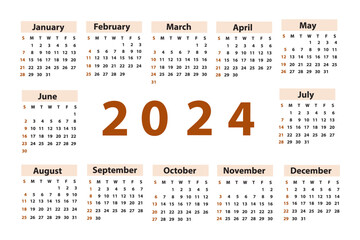 Wall Mural - Calendar 2024 starting from Sunday. Vector illustration