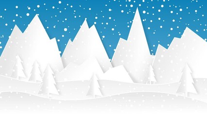 Wall Mural - Snowfall in the mountains. Falling snowflakes. Animated illustration of a winter background. Seamless loop 4k footage