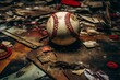 Poor-condition baseball surrounded by blurry sports cards. Generative AI