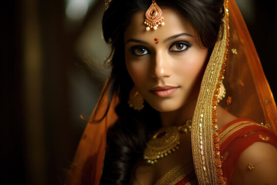 a beautiful indian bride posing for the camera in her saree