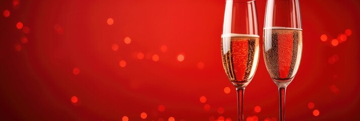 Sophisticated champagne flutes filled with holiday cheer against a red backdrop.