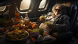 Overweight wealthy man eats and drinks in excess aboard a private jet. An indulgent and gluttonous lifestyle of the greedy