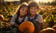 Children picking pumpkins on an autumn sunny day, big beautiful pumpkin, go pick pumpkins, pumpkin patch