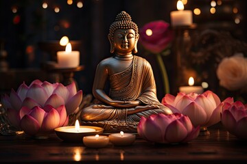 Wall Mural - Buddha statue light meditation with lotus blooming buddha with candles