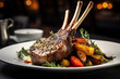 
Rack of lamb in white deep plate close-up. Luxury restaurant main course side view. Fancy dish closeup. Mutton ribs. Meat piece served in bowl. Roasted meat with vegetable garnish Generative AI