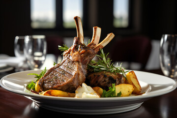 Wall Mural - 
Rack of lamb in white deep plate close-up. Luxury restaurant main course side view. Fancy dish closeup. Mutton ribs. Meat piece served in bowl. Roasted meat with vegetable garnish Generative AI