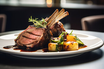 Wall Mural - 
Rack of lamb in white deep plate close-up. Luxury restaurant main course side view. Fancy dish closeup. Mutton ribs. Meat piece served in bowl. Roasted meat with vegetable garnish Generative AI