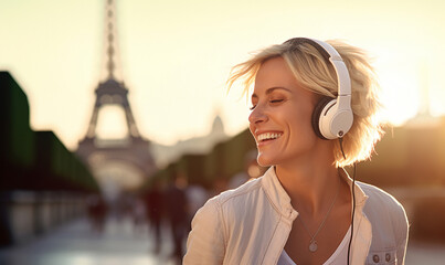 Wall Mural - Happy woman with headphones travel in Paris, Cheerful Female near Eiffel Tower, Travel to Europe, Famous popular tourist place in world.