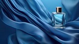 Fototapeta  - perfume bottle on folded blue silk fabric - product photo mockup (generative AI)
