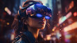 Virtual reality female girl gamer in futuristic meta world. amazed young woman in a VR headset explores the metaverse virtual space. Gaming and futuristic entertainment concept