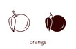 Orange fruit icon, line editable stroke and silhouette