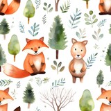 Fototapeta Pokój dzieciecy - Forest animals watercolor seamless pattern isolated 
