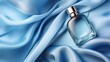 Generative AI, Bottle of perfume on a blue silk background. Glass flask with blue fragrance packaging design mock up