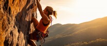 Woman Determined To Do Rock Climbing In The Mountains
