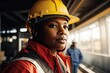 Close up portrait of young smiling African American woman in yellow hard hat and overalls working in construction site. Generation Ai. Concept of housing development and equal opportunity