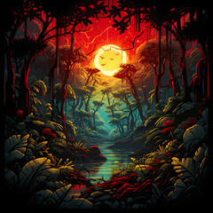 Poster - Professional art pf jungle with golden sun background