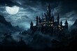 Mystery horror castle at Halloween night at moonlight