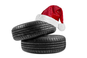 a black isolation rubber tire, with a Santa Claus hat for Christmas on a transparent background in PNG format