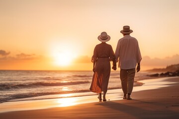 Wall Mural - Senior couple walks on beach on sunset, back view. AI generative