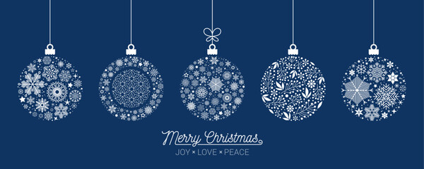 Wall Mural - merry christmas card with hanging balls decoration on blue background