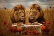 Close-up of lionesses lying eating