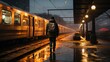 Mann mit Rucksack steht abends auf einem Bahnsteig eines Bahnhofs und schaut in Richtung Ende