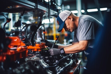 Male worker assembling car motor in the car factory. Car manufacturer, automobile production