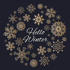 Wall Mural - Universal Christmas templates with decorative gold snowflakes frame with copy space and greetings. Luxury design for greeting cards, social media post, mobile apps, banner design and web/internet ads.