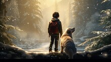 The Boy And His Dog As They Explore The Snowy Outdoors Together, While His Furry Friend Playfully Runs Beside Him.