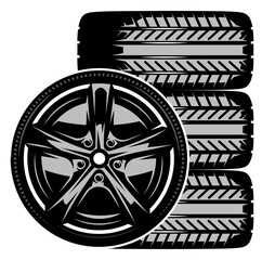 Set of four car wheels. Replacement tires with disc. Template for design. Vector illustration