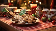 A Festive Holiday Platter Filled With An Assortment Of Beautifully Decorated Christmas Gingerbread Cookies. The Platter On A Rustic Wooden Table Adorned With Christmas Decorations For A Warm