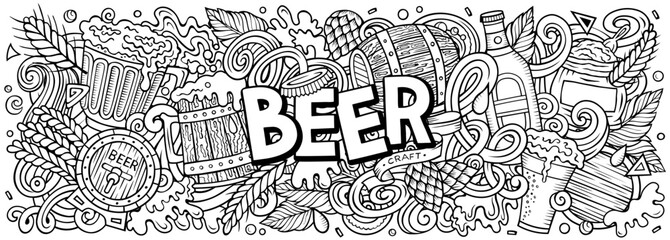 Wall Mural - Cartoon vector Beer doodle illustration features a variety of Oktoberfest objects and symbols. Sketchy whimsical funny picture.