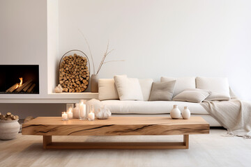 Wood slab coffee table, sofa with beige pillows near fireplace against white wall with copy space. Scandinavian home interior design of modern living room.