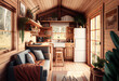 Tiny house interior with natural wooden decor