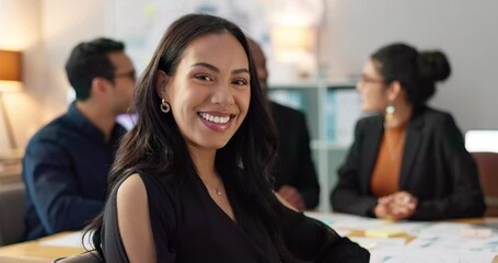 Poster - Meeting, smile and portrait of business woman with team planning or working on strategy together in startup company. Corporate, confident and professional employee at discussion in agency office